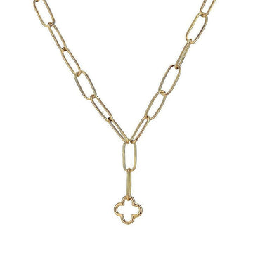 Gold Clover Lariat necklace with oval chain and clover pendant.
