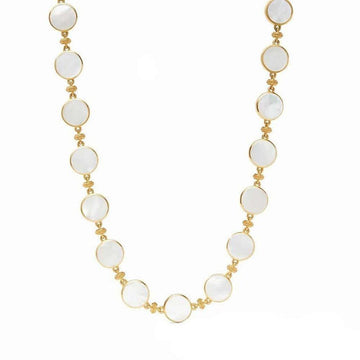 White mother-of-pearl coin necklace with gold accents.
