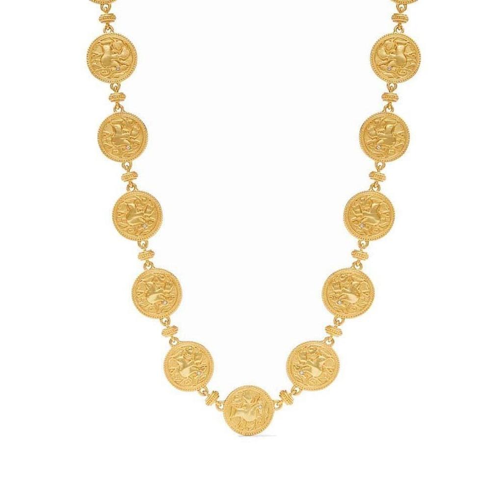 Gold coin necklace with embossed detailing and tiny diamonds.
