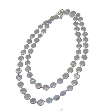 Double-strand coin pearl necklace, gray iridescent beads.
