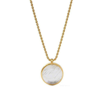 Gold rope chain necklace with reversible white mother-of-pearl coin pendant.
