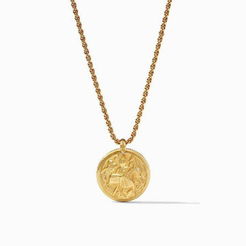 Gold Coin Statement Pendant Necklace with Mother of Pearl accents.
