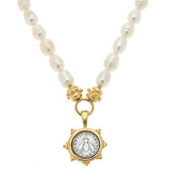 Coin with Bee pendant necklace; pearl and gold chain.
