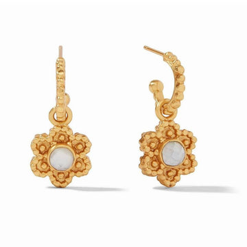 Gold hoop earrings with floral moonstone accents.
