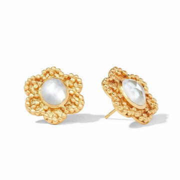 Gold flower-shaped stud earrings featuring a pearly white gemstone center.
