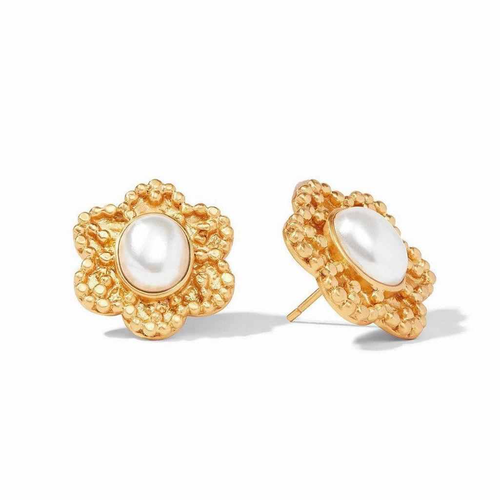 Colette gold statement stud earrings with textured flower design & pearl center.
