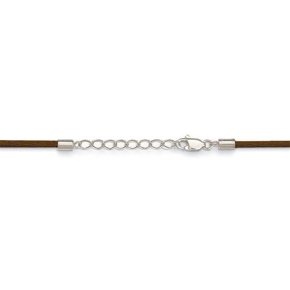 Brown leather cord necklace with silver clasp and metal end caps.
