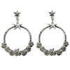 Coronation Circle Post Earrings: Silver hoop earrings adorned with textured floral details and dangling star charms.
