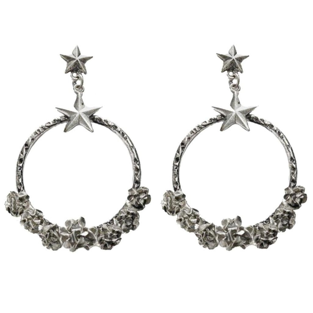 Coronation Circle Post Earrings: Silver hoop earrings adorned with textured floral details and dangling star charms.
