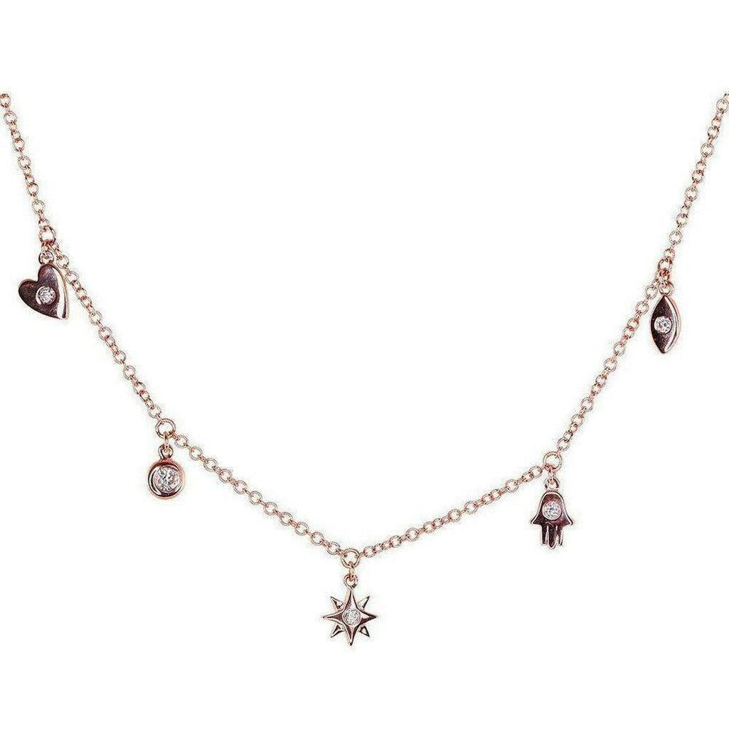 Rose gold Cosmic Energy Field necklace with heart, hamsa, evil eye, and star charms, each adorned with a sparkling diamond.
