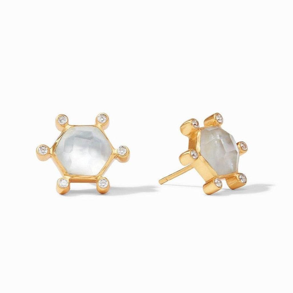 Gold Cosmo Stud earrings with a hexagon-shaped mother-of-pearl center and sparkling accents.
