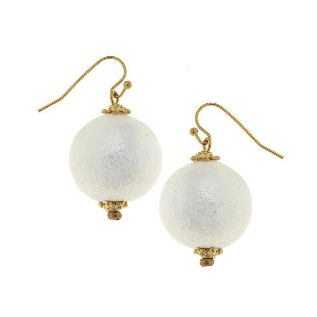 Cotton Pearl Dangle Earrings: Elegant white cotton pearl sphere earrings with gold accents.
