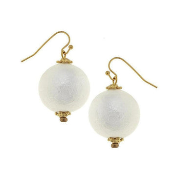 Cotton Pearl Dangle Earrings: Elegant white cotton pearl sphere earrings with gold accents.
