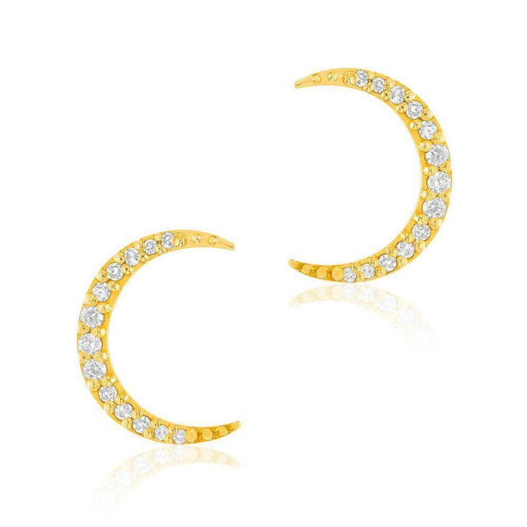 Crescent Moon Gold Post Earrings with sparkling cubic zirconia accents.
