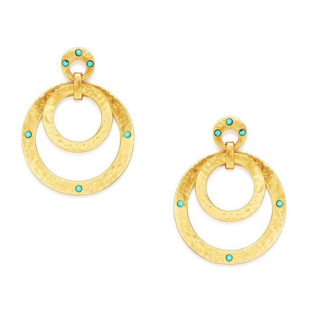 Gold Crescent Statement earrings with turquoise accents.
