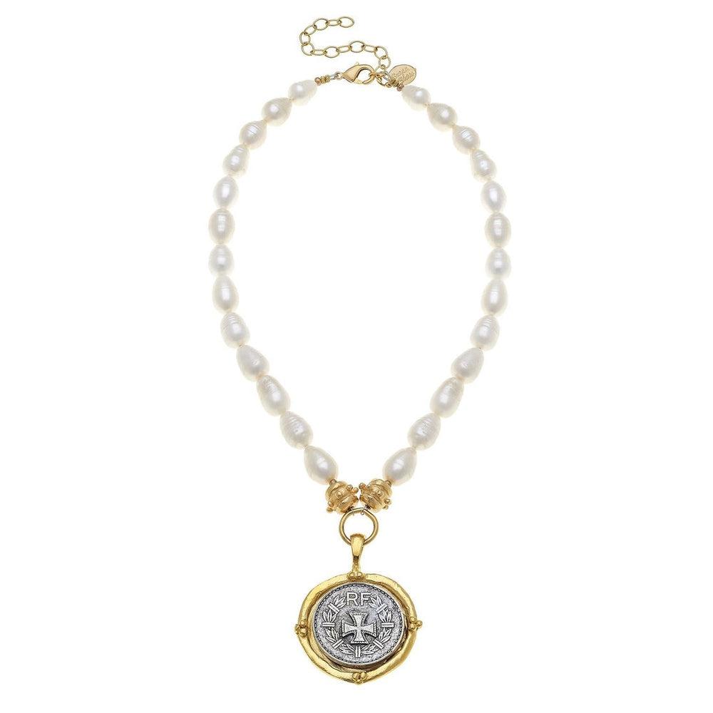 Cross Coin Pendant Necklace on Pearls-Susan Shaw-Swag Designer Jewelry
