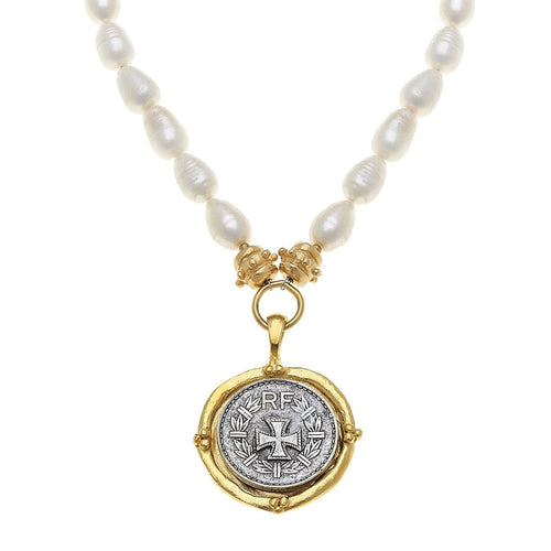 Cross Coin Pendant Necklace on Pearls-Susan Shaw-Swag Designer Jewelry