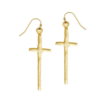 Gold cross dangle earrings with textured finish.
