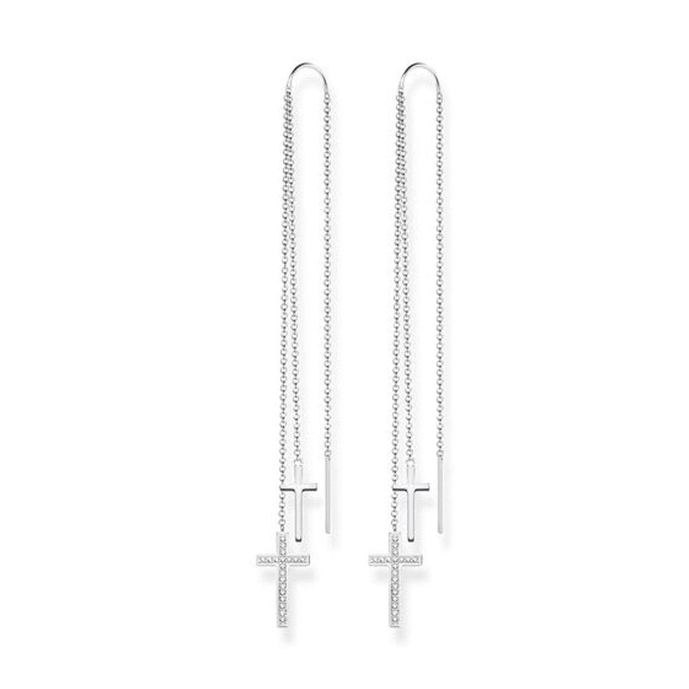 Silver cross dangle earrings with cubic zirconia accents
