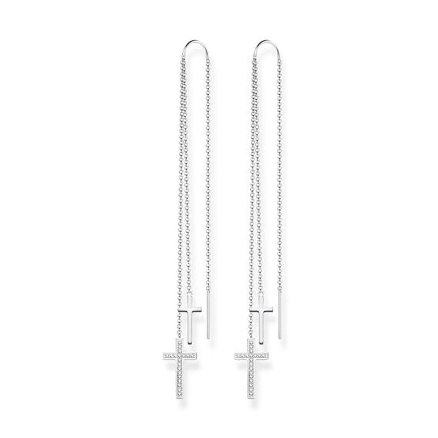Silver cross dangle earrings with cubic zirconia accents
