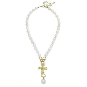 Cross Pendant Necklace on Pearls-Susan Shaw-Swag Designer Jewelry