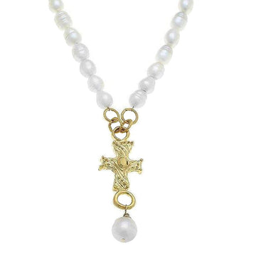 Elegant pearl necklace with gold cross pendant
