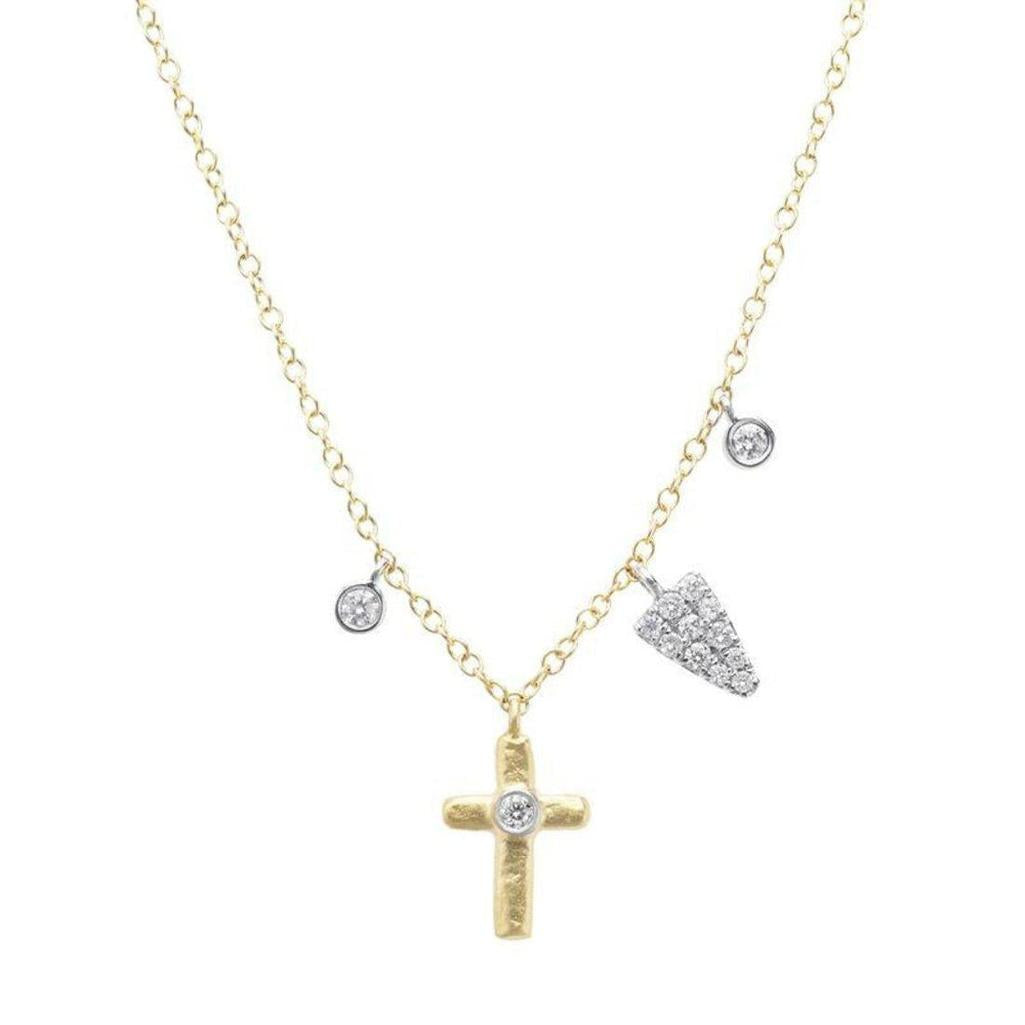 Yellow gold cross necklace with diamond accents; delicate chain, charming design.
