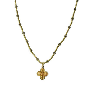 Cross on Heishi with pyrite-Andrea Barnett-Swag Designer Jewelry