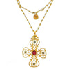 Gold Crown Cross necklace with red and blue gemstone accents
