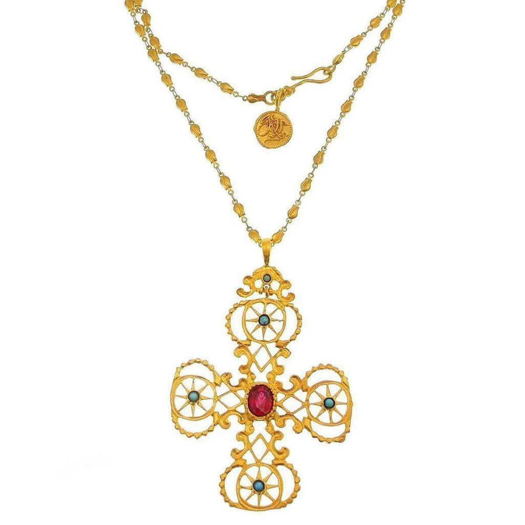 Gold Crown Cross necklace with red and blue gemstone accents
