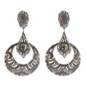 Crystal Black Diamond Deco Clip Earrings: Silver-tone, crystal-encrusted, statement earrings with large dark gray stones.
