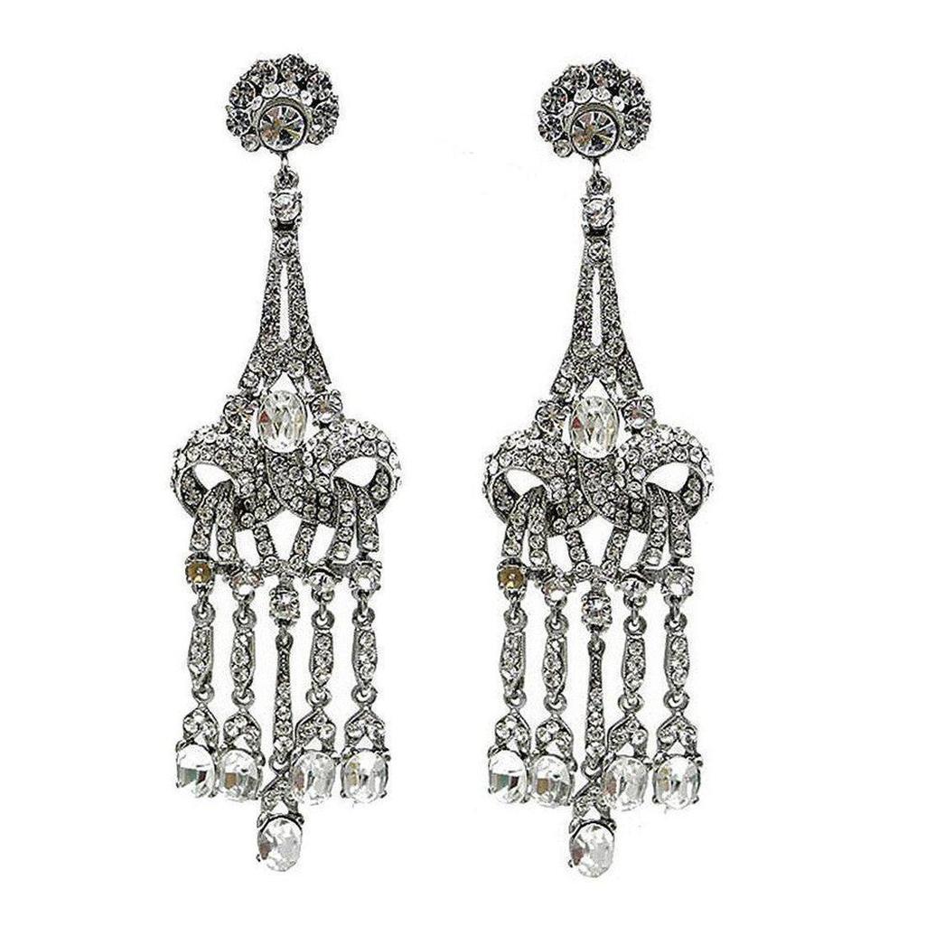 Crystal Chandelier Clip Earrings:  Silver-tone, crystal-encrusted chandelier design; elegant, statement earrings.
