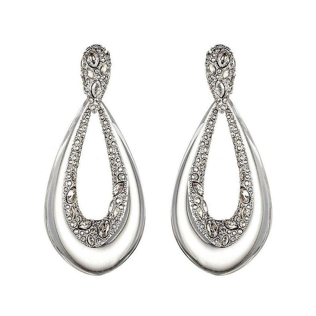 Crystal Deco teardrop clip earrings with clear resin and sparkling crystal accents.

