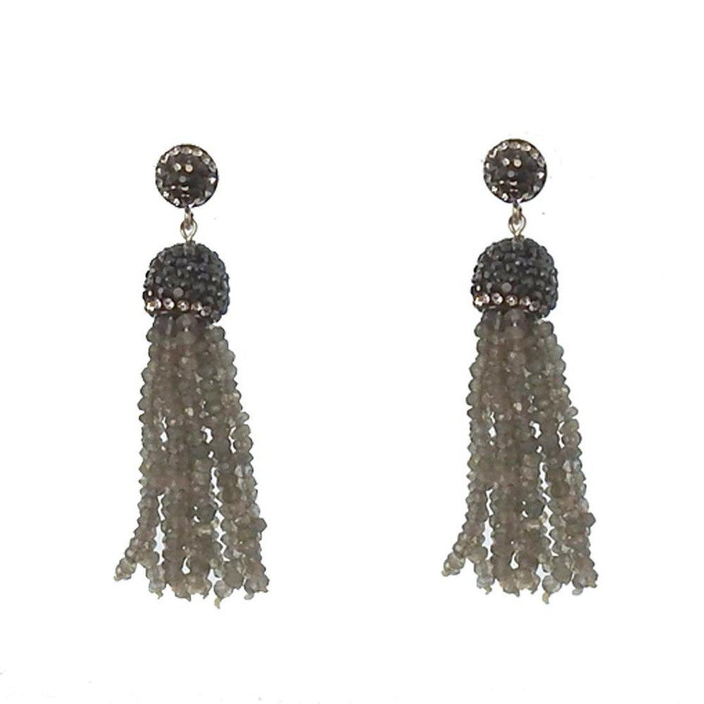Crystal Labradorite Tassel Earrings with dark gray gemstone accents
