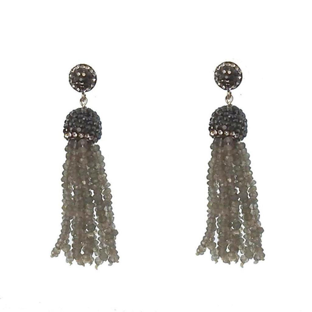 Crystal Labradorite Tassel Earrings with dark gray gemstone accents
