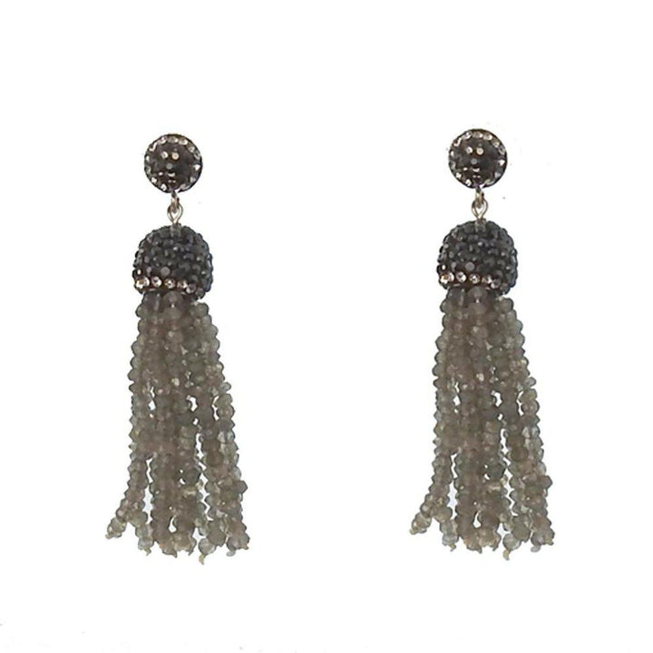Crystal Labradorite Tassel Earrings with dark gray gemstone accents
