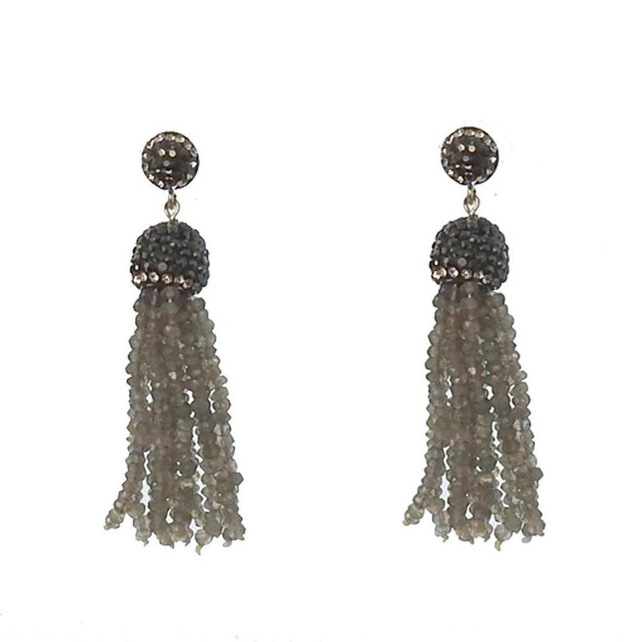Crystal Labradorite Tassel Earrings with dark gray gemstone accents
