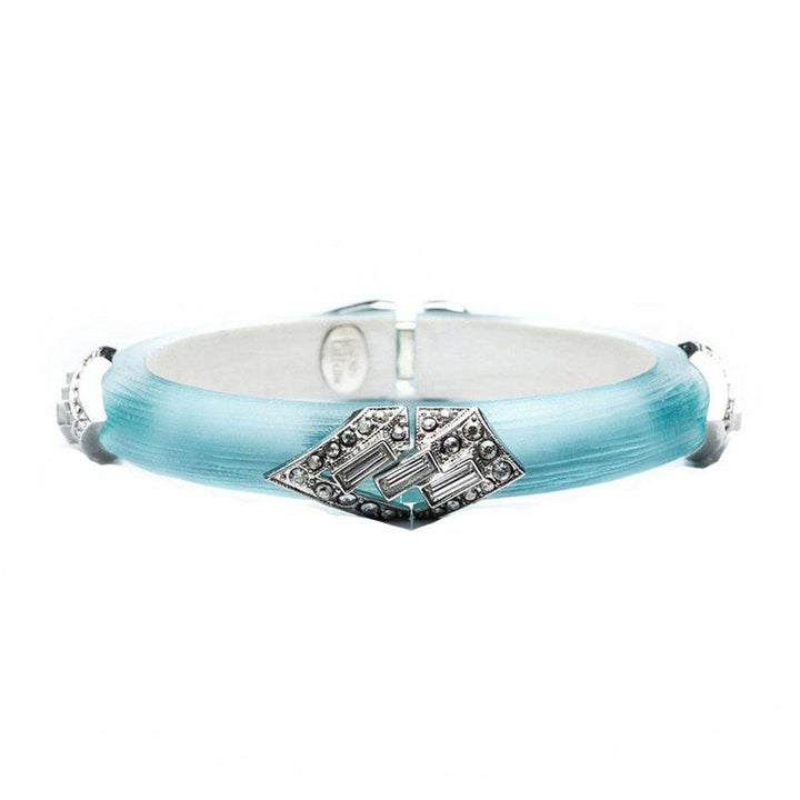 Crystal Pave Baguette Bracelet: Light blue resin bangle with silver crystal pave detailing.
