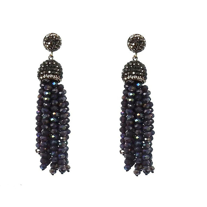 Dark blue crystal tassel earrings with dark gray rhinestone accents.
