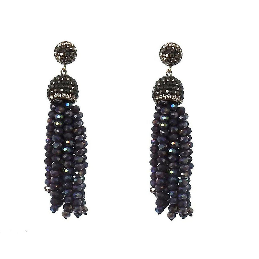 Dark blue crystal tassel earrings with dark gray rhinestone accents.
