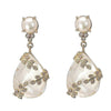 Elegant crystal and pearl drop earrings with gold leaf accents.

