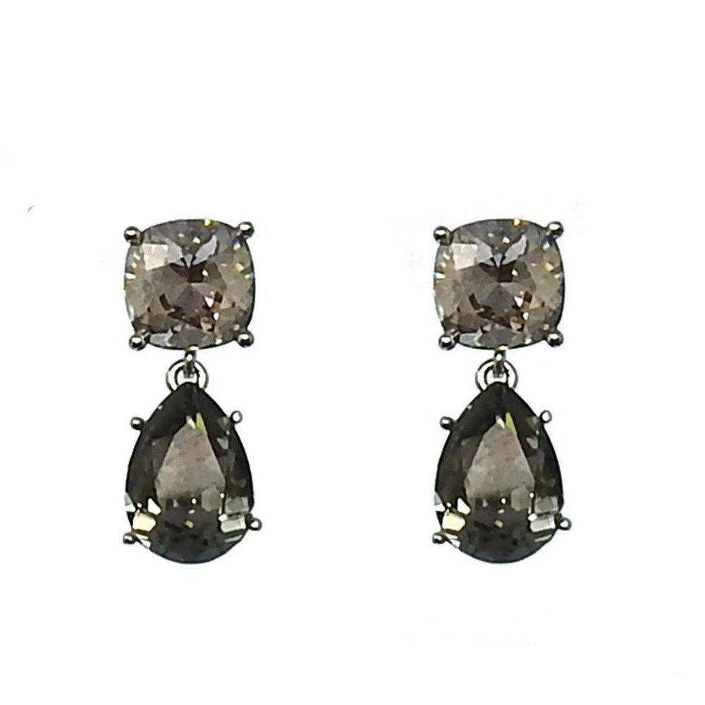 Smoky quartz & crystal tiered drop earrings; elegant, statement jewelry.
