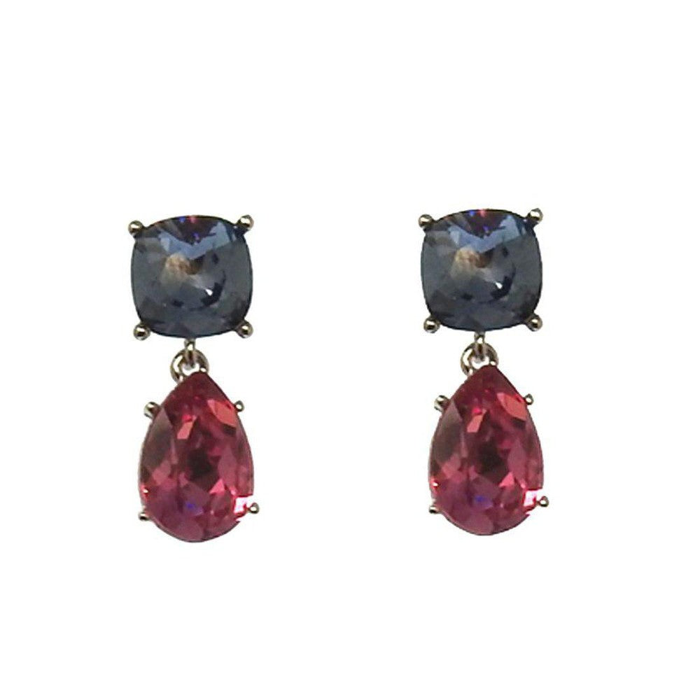 Crystal Tier Drop Earrings:  Elegant two-tone earrings featuring a square blue crystal and a pear-shaped pink crystal.
