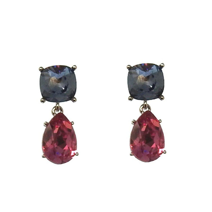 Crystal Tier Drop Earrings:  Elegant two-tone earrings featuring a square blue crystal and a pear-shaped pink crystal.
