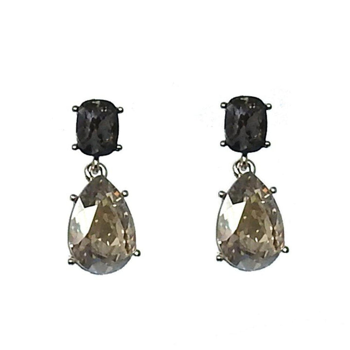 Crystal tier drop earrings with black and smoky gray crystals.
