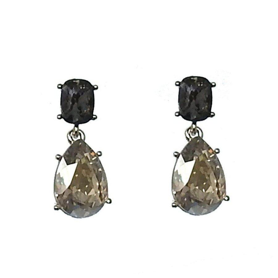 Crystal tier drop earrings with black and smoky gray crystals.
