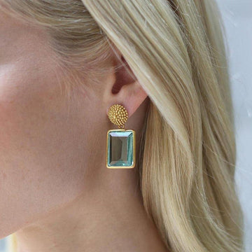 Gold and teal statement earrings;  rectangular gemstone dangle.
