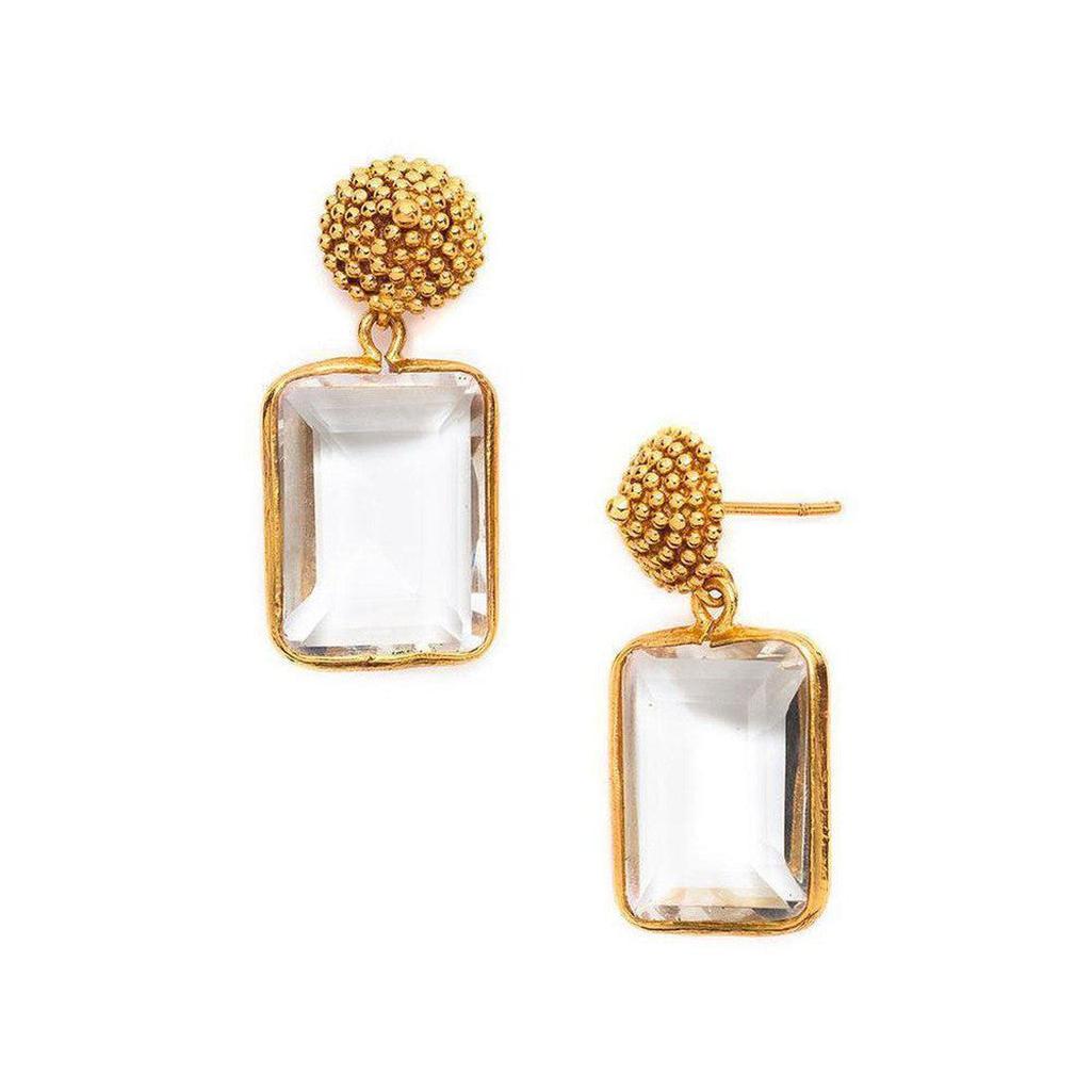 D'Argent Cap and Post Earrings: Clear quartz rectangle, gold beaded accents.
