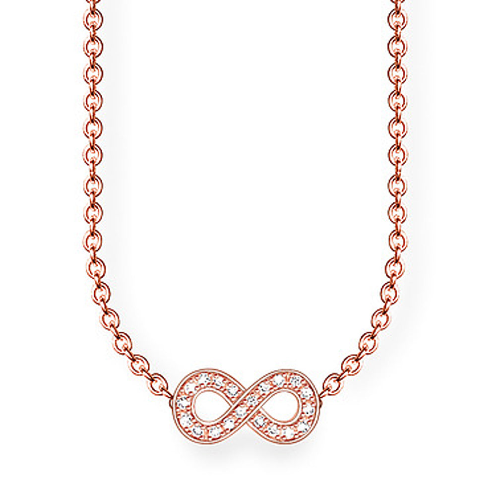 Rose gold infinity necklace with clear cubic zirconia accents.
