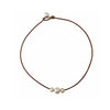 Daisy No Knot Necklace: Brown leather cord necklace with three off-white pearls.
